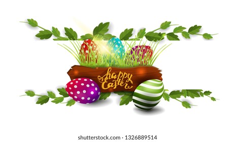 Happy Easter, white postcard with frame of liana and Easter eggs