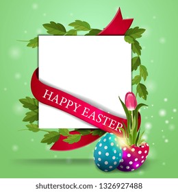 Happy Easter, white postcard template with a sheet of paper and tulip growing from Easter egg