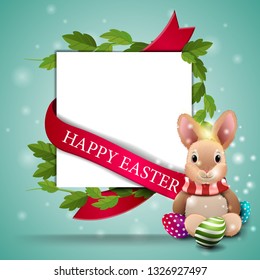 Happy Easter, white postcard template with a sheet of paper and Easter bunny