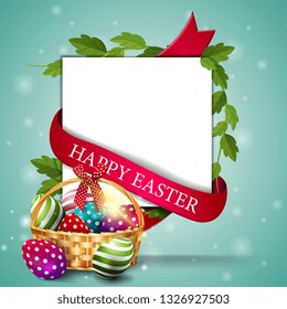 Happy Easter, white postcard template with a sheet of paper and basket with Easter eggs