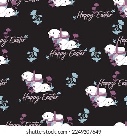 Happy Easter and White Rabbit Basket Vector Seamless Pattern can be use for background and apparel design