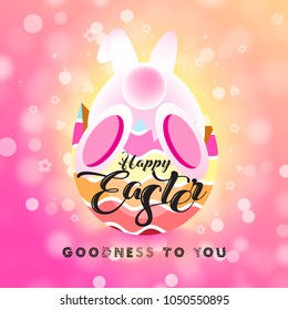 Happy Easter With White Rabbit Bottom In Egg On Background. Goodness To You. Vector illustration.