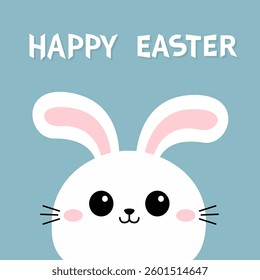 Happy Easter. White rabbit bunny hare face head silhouette. Pink cheeks, ears. Kawaii cute cartoon funny baby character. Valentines Day. Greeting card. Blue background. Flat design. Vector