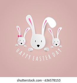 Happy Easter white Rabbit Bunny family on pink Background