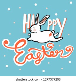 Happy Easter white rabbit cartoon vector illustration doodle style