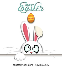 Happy Easter. White Easter rabbit and egg. Easter Bunny. Funny bunny with vintage lettering on an isolated background. Pattern for greeting card, banner, poster, ad, invitation. Vector illustration