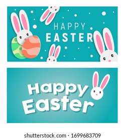 Happy easter with white rabbit, egg and lettering. creative design for banner, Greeting card, or social media post.