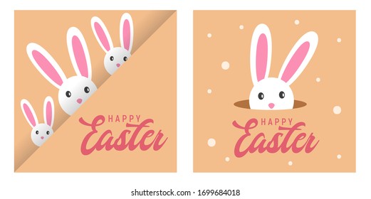 Happy easter with white rabbit, egg and lettering. creative design for banner, Greeting card, or social media post.