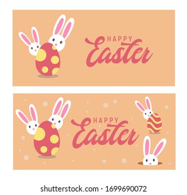 Happy easter with white rabbit, egg and lettering. creative design for banner, Greeting card, or social media post.