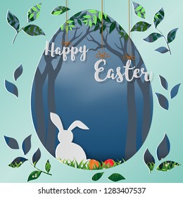Happy Easter with white rabbit in the forest,paper art in egg shape background for holiday,celebrate party or poster,vector illustration