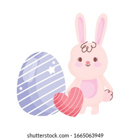 happy easter white rabbit with heart and egg decoration vector illustration