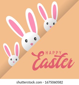 Happy easter with white rabbit and lettering. creative design for banner, Greeting card, or social media post.