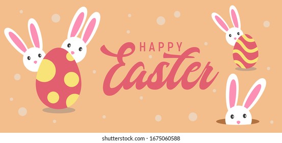 Happy easter with white rabbit and lettering. creative design for banner, Greeting card, or social media post.
