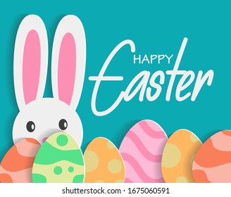 Happy easter with white rabbit and lettering. creative design for banner, Greeting card, or social media post.