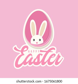 Happy easter with white rabbit and lettering. creative design for banner, Greeting card, or social media post.