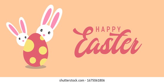 Happy easter with white rabbit and lettering. creative design for banner, Greeting card, or social media post.