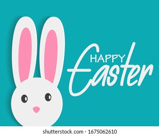 Happy easter with white rabbit and lettering. creative design for banner, Greeting card, or social media post.