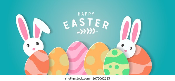 Happy easter with white rabbit and lettering. creative design for banner, Greeting card, or social media post.