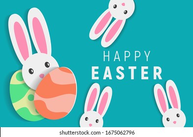 Happy easter with white rabbit and lettering. creative design for banner, Greeting card, or social media post.