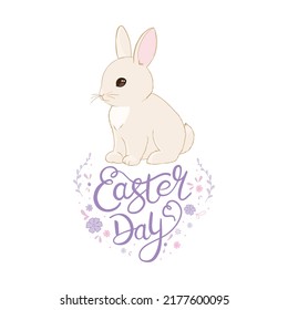 Happy easter with white rabbit and lettering. creative design for banner, Greeting card, or social media post.