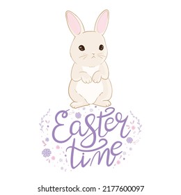 Happy easter with white rabbit and lettering. creative design for banner, Greeting card, or social media post.