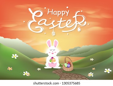 Happy Easter, white rabbit sleeping, egg in basket, relaxing sunset scene spring season calligraphy, cute cartoon abstract background vector illustration