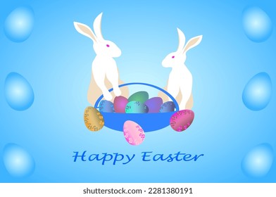 Happy Easter. White rabbits sit near a festive basket with Easter colorful eggs. Concept of Easter egg hunt or egg decorating art. Flat vector illustration isolated on  azure blue background.