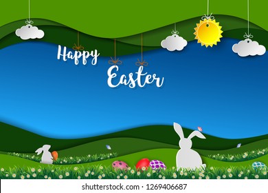 Happy Easter with white rabbits,colorful eggs and little daisy in the meadow,landscape paper art background,vector illustration