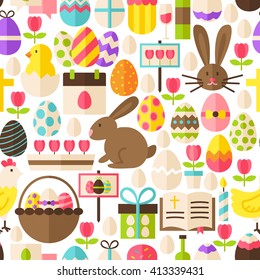 Happy Easter White Seamless Pattern. Flat Design Vector Illustration. Tile Background. Set of Spring Christian Religion Items.