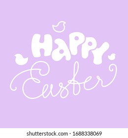 Happy Easter. White text and simple bird silhouettes on a lilac background. Greeting card, sticker or print of lettering and calligraphy.