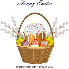 Happy Easter. Wicker basket with Easter cake and colorful Easter eggs with different pattern, pussy-willow and yellow daffodils. Spring holiday. Vector illustration isolated on white background