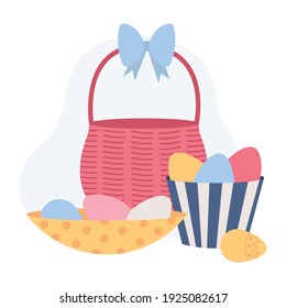 Happy easter. Wicker basket with easter eggs. Colorful flat vector illustration on a white background.