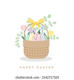 Frohe Ostern! Korbweide mit Ostereiern, Blumen und Pflanzen. Pastellfarben. Für Grußkarten, Poster, Banner. Vektorgrafik, flaches Design