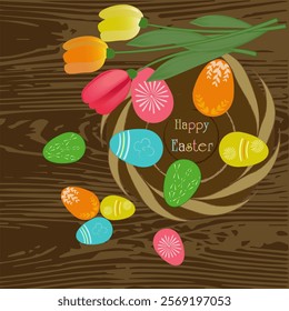 Happy Easter! Wicker basket with eggs. Wood background. Easter eggs.Tulips. Multi-colored. Easter card.