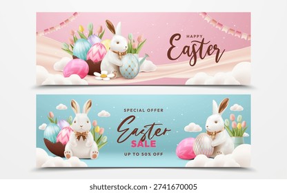 Happy Easter Wide Web Banner with Cute Bunny and Pastel Eggs Spring Sale Header Design