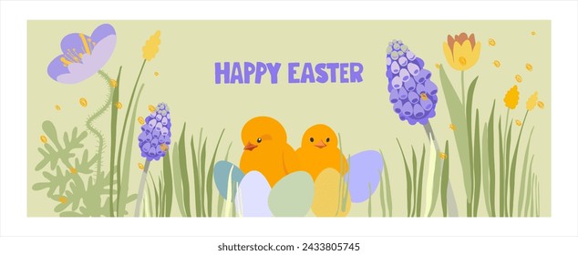 Happy Easter widescreen poster on a holiday theme. Trendy design with typography, spring hand drawn flowers, dots, eggs, chicken in vintage colors. Minimalist style of modern art.