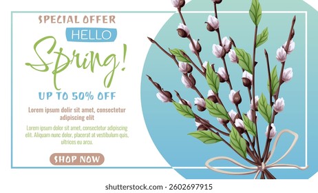 Happy Easter Willow Branches Sale Banner. Traditional Spring Floral Design for Holiday Promotions, Church Events, Social Media and Greeting Cards. Festive Vector Illustration.