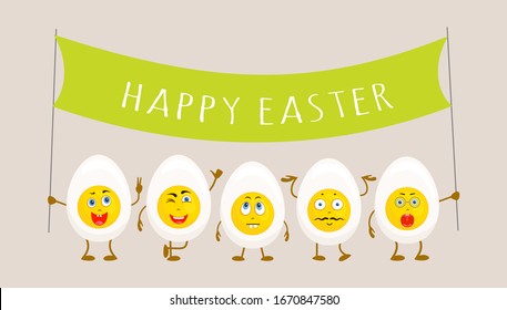 Happy Easter wish. Cute characters of half boiled eggs are holding a banner with the inscription. Vector illustration in cartoon style. Greeting card with traditional easter food.