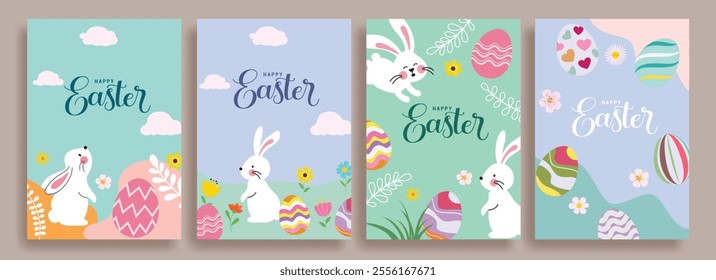 Happy easter wishes clip art poster background set. Easter sunday clip art collection with bunny, eggs and flowers decoration in colorful abstract design. Vector illustration holiday greeting card set