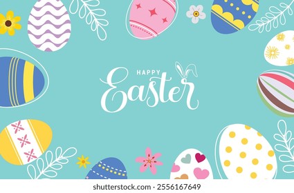 Happy easter wishes clipart background. Happy easter sunday greeting card clip art with colorful abstract eggs, flowers and bunny drawing decoration elements. Vector illustration green card design. 
