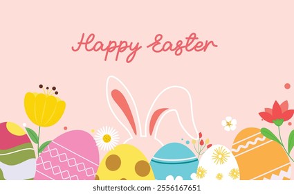 Happy easter wishes clipart background. Happy easter sunday greeting text clip art with colorful eggs, bunny and flowers abstract drawing elements. Vector illustration holiday card design. 
