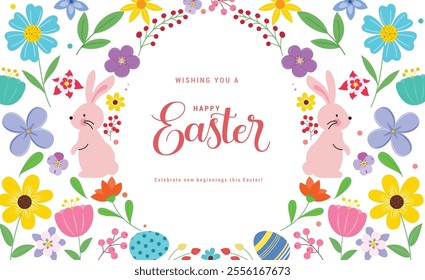 Happy easter wishes clipart background. Happy easter sunday invitation clip art with bunny, eggs and colorful flowers drawing decoration design. Vector illustration greeting holiday wishes.
