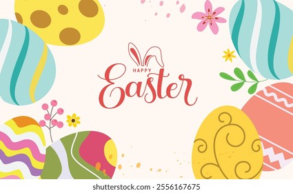 Happy easter wishes clipart background. Happy easter sunday greeting with colorful abstract eggs, bunny and flowers drawing elements. Vector illustration holiday season card design. 
