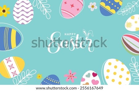Happy easter wishes clipart background. Happy easter sunday greeting card clip art with colorful abstract eggs, flowers and bunny drawing decoration elements. Vector illustration green card design. 
