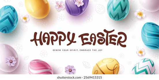 Happy easter wishes clipart banner design. Happy easter greeting text clip art with colorful printed easter eggs and flowers in white doodle background. Vector illustration easter sunday greeting card