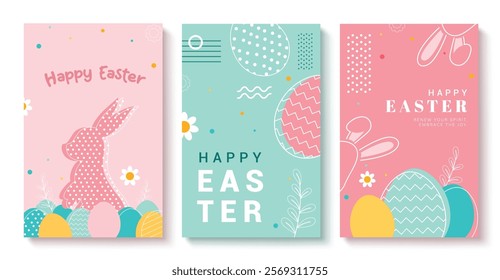 Happy easter wishes clipart poster background set. Easter sunday clip art outline collection with bunny, eggs and flowers drawing graphic design elements. Vector illustration holiday season greeting 