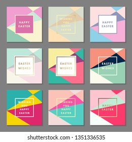 Happy Easter Wishes greeting card set. Creative design with congratulatory text in frame and colorful geometric printable vector background for art print, banner, poster, flyer