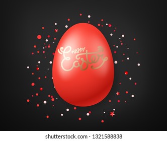 Happy Easter wishes vector card. Red egg on black background