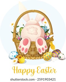 Happy Easter Wishing Graphic Isolated. Bunny and Baby Chick with Woven Basket Filled with Easter Eggs and Daisies. Colorful Cartoon Detailed Illustration.