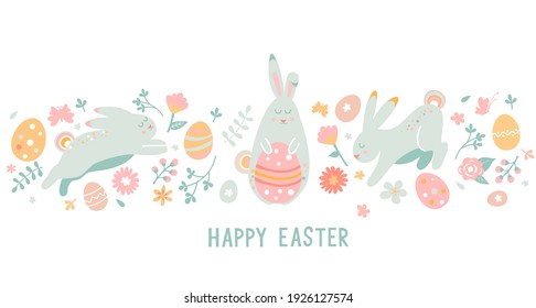 Happy easter wishing horizontal card, banner. Happy holiday with beautiful painted eggs, bunnies and flowers. Great for posters, invitations, flyers, web, articles. Spring Celebration Design. Vector.